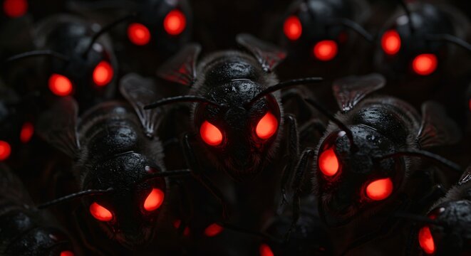 A close up of a swarm of black ants with glowing red eyes, representing danger, a cyber threat, or technological invasion.