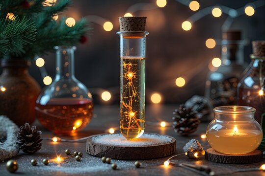 Magical Chemistry Themed Holiday Card Featuring Cozy Potion in Test Tube with Fairy Lights