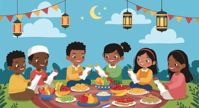 Festive celebration gathering illustration with diverse kids feasting under lanterns and moonlit