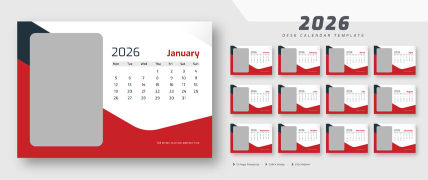 Desk calendar 2026 template | corporate desk calendar schedule 2026 monthly 12-page planner layout | week starts on Monday