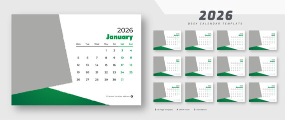 Desk calendar 2026 template | corporate desk calendar schedule 2026 monthly 12-page planner layout | week starts on Monday