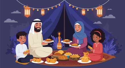 Happy muslim family enjoying iftar meal together during ramadan celebration at home