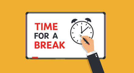 Illustrated break reminder with clock being drawn on whiteboard offering downtime pause