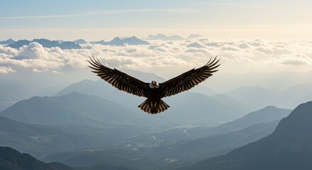 Fototapeta premium Sovereign Wings: Bald Eagle Gliding Above a Mountainous Cloudscape