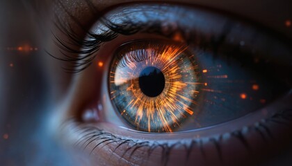 Close-up of human eye with digital interface overlay. AI enhances human vision, cognition, integrating data streams. Futuristic cybernetic concept, advanced perception, technology innovation in sight.