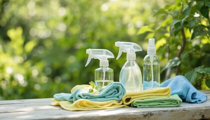 Group of eco-friendly cleaning supplies including spray bottles, microfiber cloths. Products arranged on wooden surface against blurred green natural background. Focus on sustainable, non-toxic,