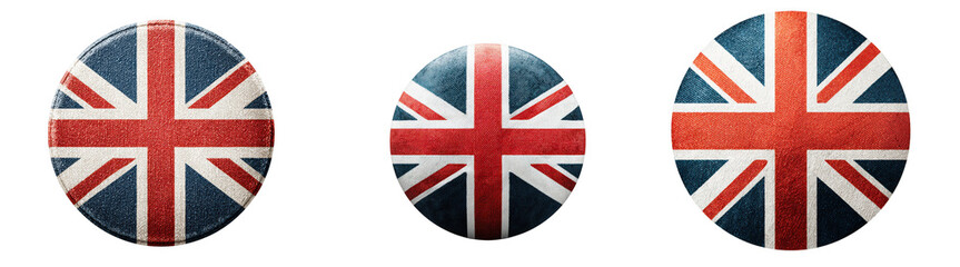Obraz premium Three round british union jack flag icons, isolated on transparent background
