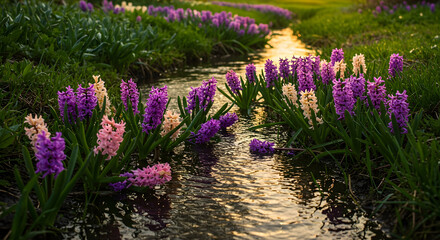Obraz premium Mixed-color Hyacinth scattered on a rippling stream, with vibrant golden hour light. Lush and aromatic