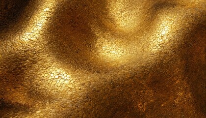 Golden textured fabric with snake-like pattern. Close-up of brown, yellow wavy material. Abstract natural background, macro view of embossed animal skin design. Luxury textile, wallpaper, metallic