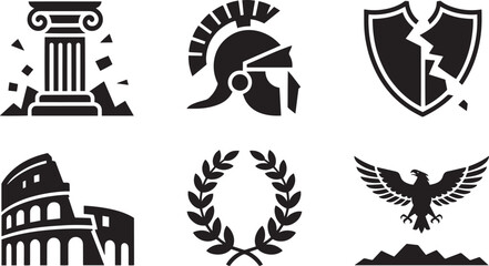 Fototapeta premium Ancient Civilization and Historical Heritage Icons Set Silhouette Style Representing Cultural Legacy