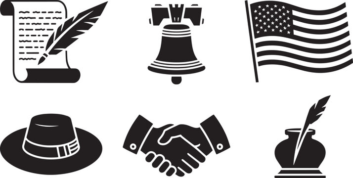 American History Icons Set Declaration of Independence Liberty Bell US Flag Handshake Top Hat Quill Pen