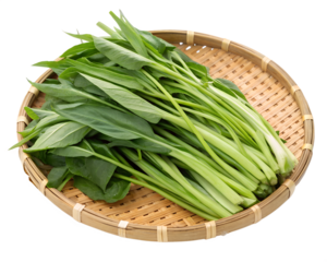 Freshly Harvested Morning Glory: A vibrant, green bunch of freshly harvested morning glory, arranged beautifully in a woven basket, capturing the essence of vibrant, healthy, and wholesome produce.