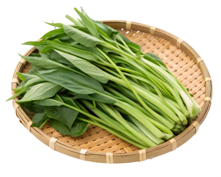 Freshly Harvested Morning Glory: A vibrant, green bunch of freshly harvested morning glory, arranged beautifully in a woven basket, capturing the essence of vibrant, healthy, and wholesome produce.