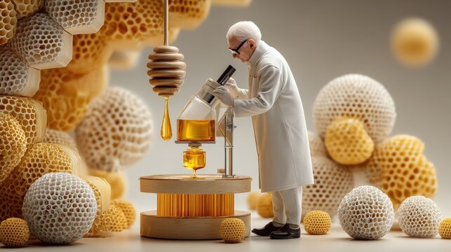 Food scientist measures sugar concentration in honey using a digital refractometer