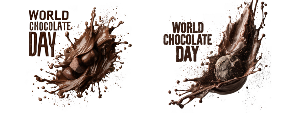 Two world chocolate day text graphics with dynamic splashes of melted chocolate, isolated on transparent background