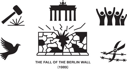 Fall of the Berlin Wall Icons Set Hammer Brandenburg Gate People Dove Broken Wall Scissors © MC Creative