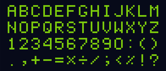 Green Digital Dotted Font Letters, Electronic Alphabet, retro text symbols, monitor characters, and scoreboard digits. Vector EPS 10