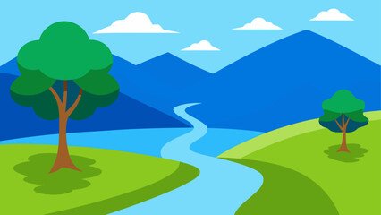 Fototapeta premium Stylized landscape with river and mountains