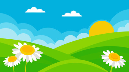 Fototapeta premium Sunny meadow with daisies and rolling hills