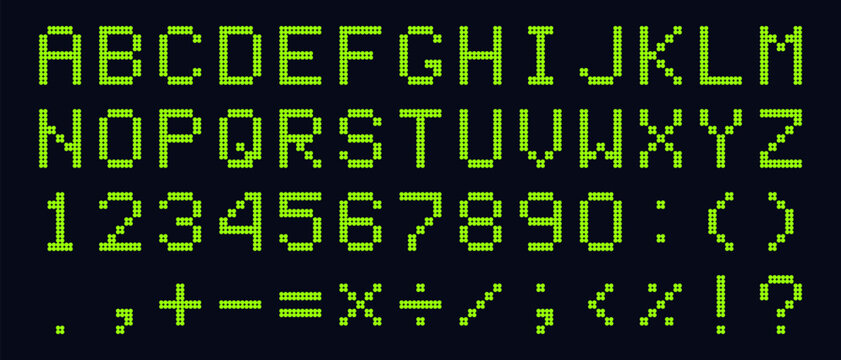 Green Digital Dotted Font Letters, Electronic Alphabet, retro text symbols, monitor characters, and scoreboard digits. Vector EPS 10