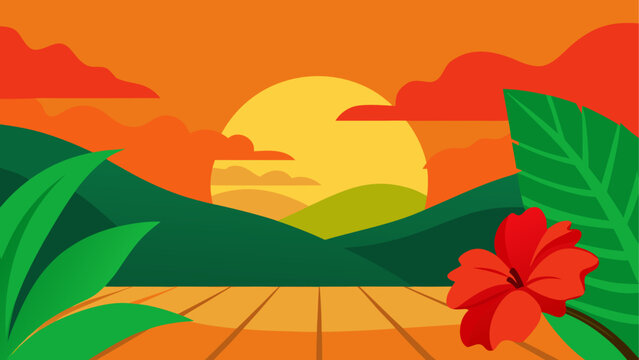 Vibrant tropical sunset over rolling hills