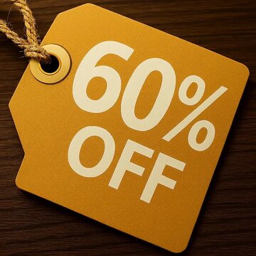 A golden price tag prominently displays a enticing offer of 60% off, symbolizing a great opportunity for savings and deals. It is a photorealistic shot of the sales tag.
