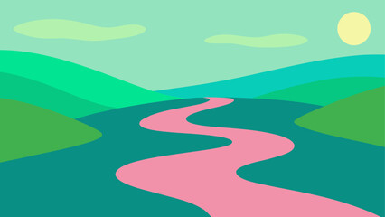 Obraz premium Winding pink river through green hills