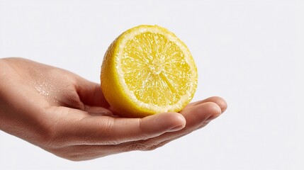 Fresh lemon held in hand with vibrant yellow color and juicy texture on a light background showcasing natural freshness and flavor