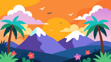 Obraz premium Vibrant tropical mountain sunset with palm trees