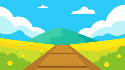 Cartoon train tracks leading to green hills