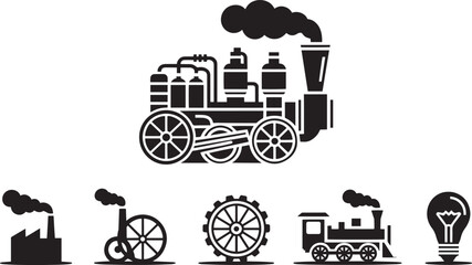 Industrial Revolution Icon Set Steam Engine Technology Progress Manufacturing Innovation