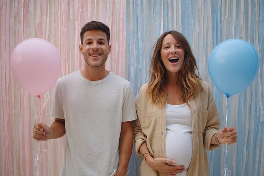 Happy couple celebrates pregnancy with balloons in a festive setting