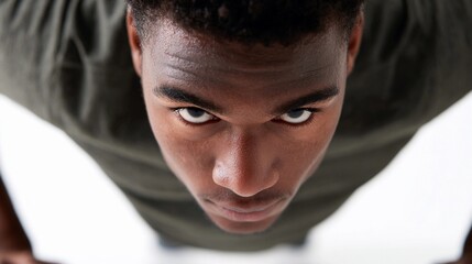 Focused individual performing push-ups indoors during a fitness training session, showcasing determination and strength