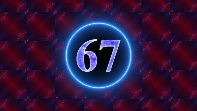 A circle with a 67 neon number and the text . Number 67 Glow Light Neon Animation. Number with neon light on technology background. Countdown Number. Neon Number Text Animation.