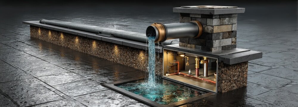 Realistic 3D depiction of a rainwater downpipe system for stormwater management planning