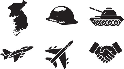 Military Conflict Icons Set Korea Map Helmet Tank Fighter Jet Handshake Peace Agreement