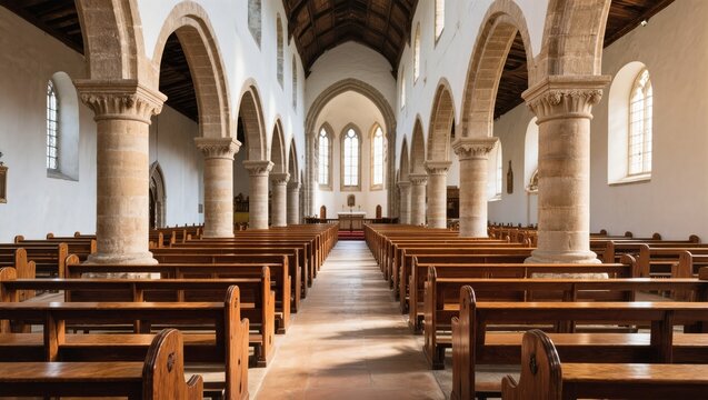 Interior View of an Empty Historic Church With Wooden Pews and Vaulted Ceilings in Bright Daylight