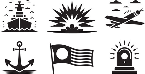 Naval Warfare and Maritime Security Icons Set Silhouette Style Depicting Military Might and Strategic Defense