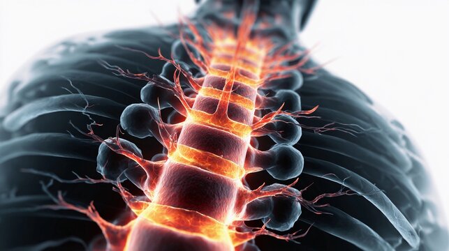 Spine anatomy visualization highlighting nerves and vertebrae with a glowing effect illustrating the human nervous system