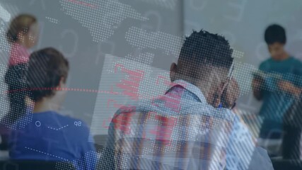 Teacher calling student reading notes as digital map and data points overlaying education classroom - Powered by Adobe