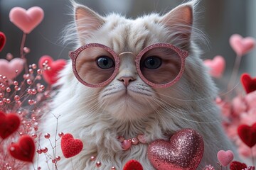 Adorable Persian Cat Wearing Sparkling Rose Sunglasses for Valentine's Day Celebration