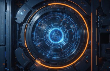 Futuristic digital interface with glowing neon blue concentric circles and lines. Dark metallic background with orange accents. Suggests advanced technology, data processing, and virtual operations.