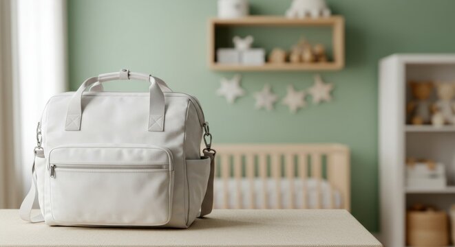 Diaper bag in neutral nursery setting with crib and shelf. Stylish diaper bag for parents with baby essentials on table, ready for changing time. - Powered by Adobe