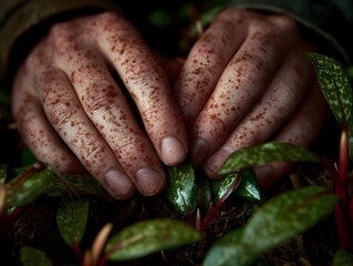 Close-up of a botanist's freckled hands cradling delicate seedlings, capturing the intricate details of new life emerging from the soil, symbolizing growth and potential in nature