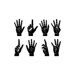 Obraz premium A set of 8 black fill-only realistic vector shapes based on human hands in different gestures, no outlines, expressive and natural.