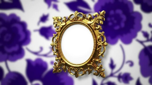 Gold ornate frame floats, purple floral backdrop