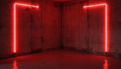 Empty room corner illuminated by vibrant red neon lights against textured concrete walls. Industrial, grunge aesthetic with dark, moody atmosphere. Reflective floor adds depth. Modern, futuristic