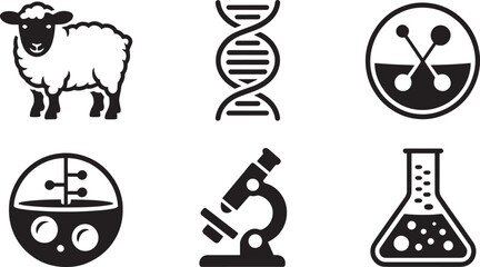 Science and Biology Vector Icons Set Featuring Sheep, DNA, Flask, Microscope, and Lab Equipment on Transparent