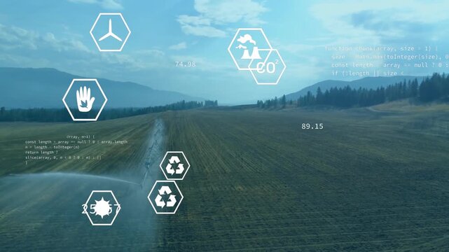 Irrigation arm entering frame causing watering field while hex icons appearing updating metrics