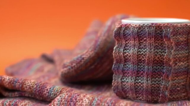 Knit cozy mug warmer on orange background